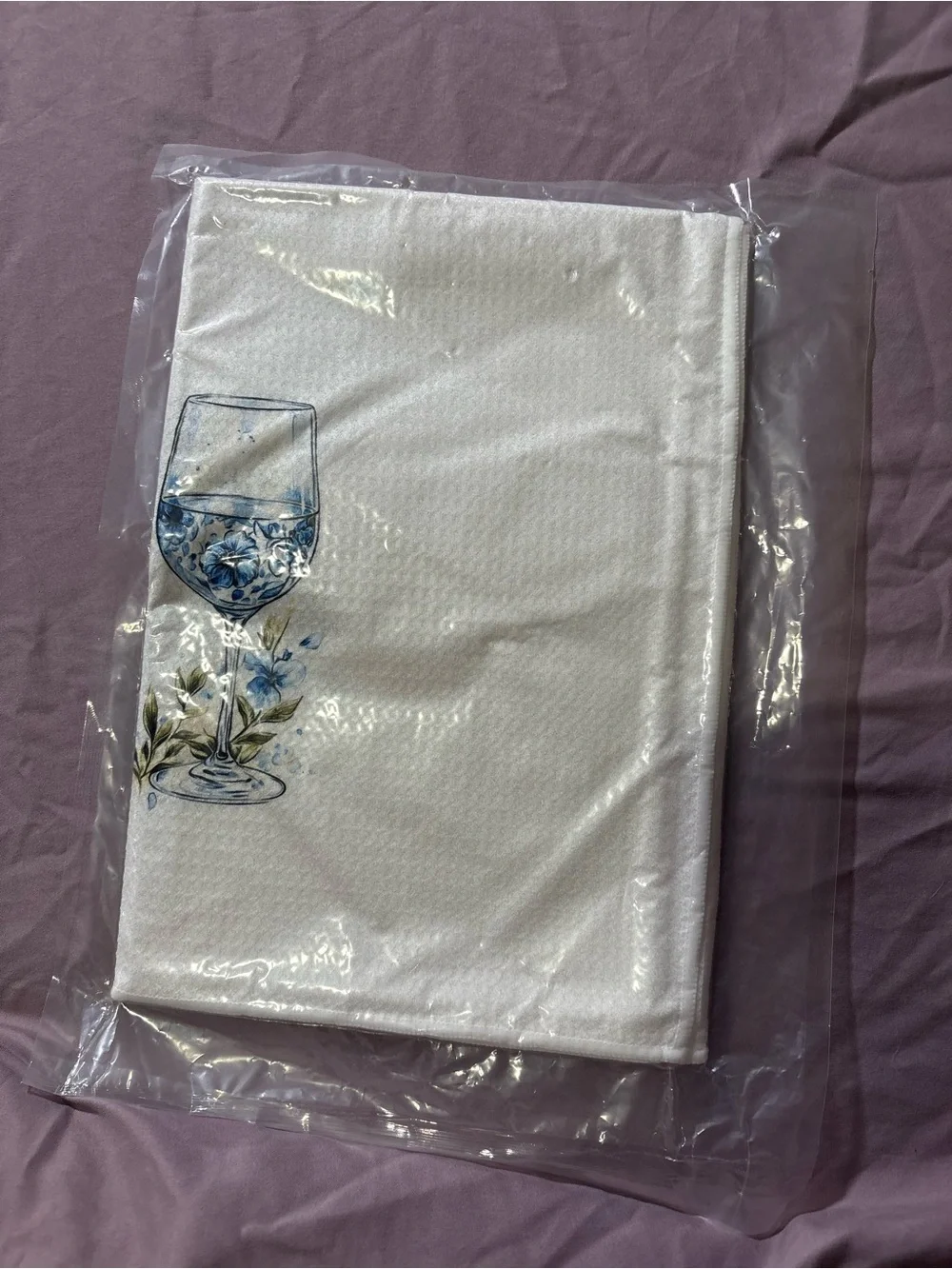 White Decorative Wine Glass Kitchen Towel with Blue Floral Accent